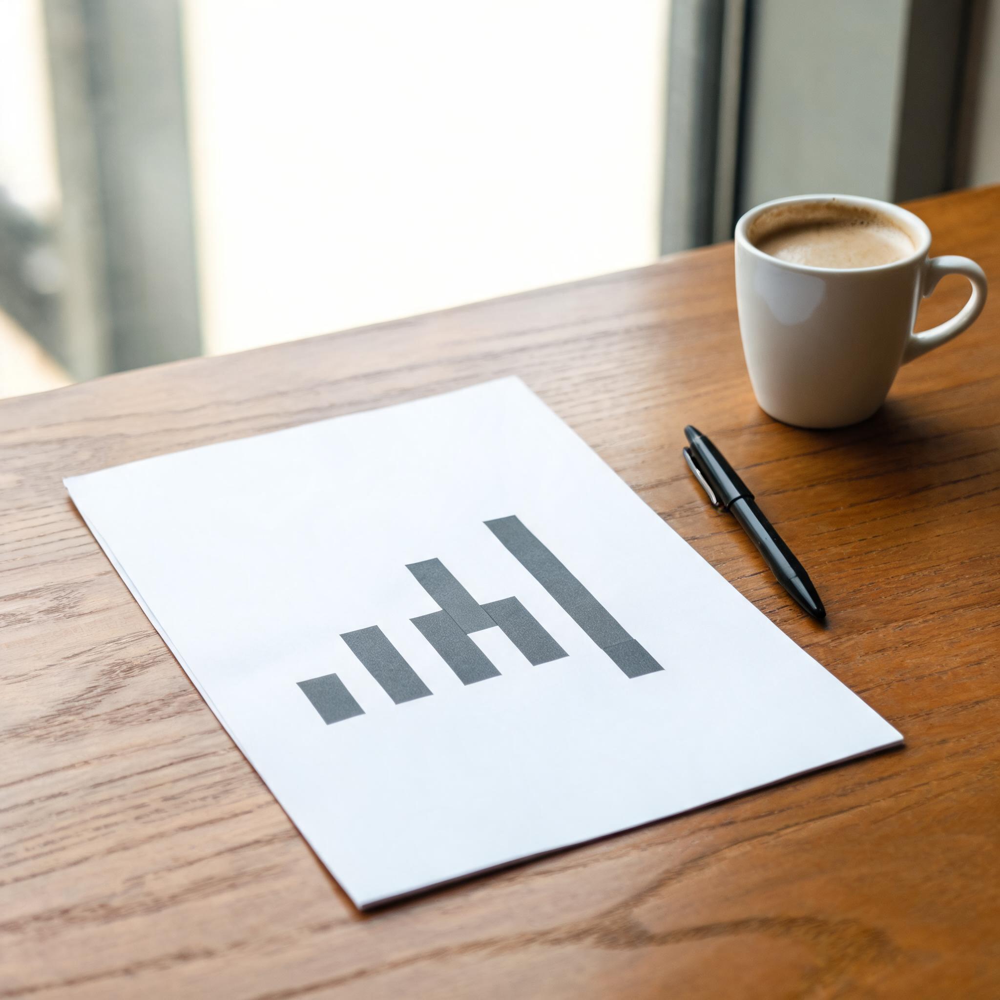 Printed bar chart on paper on a wooden desk next to a pen and coffee cup