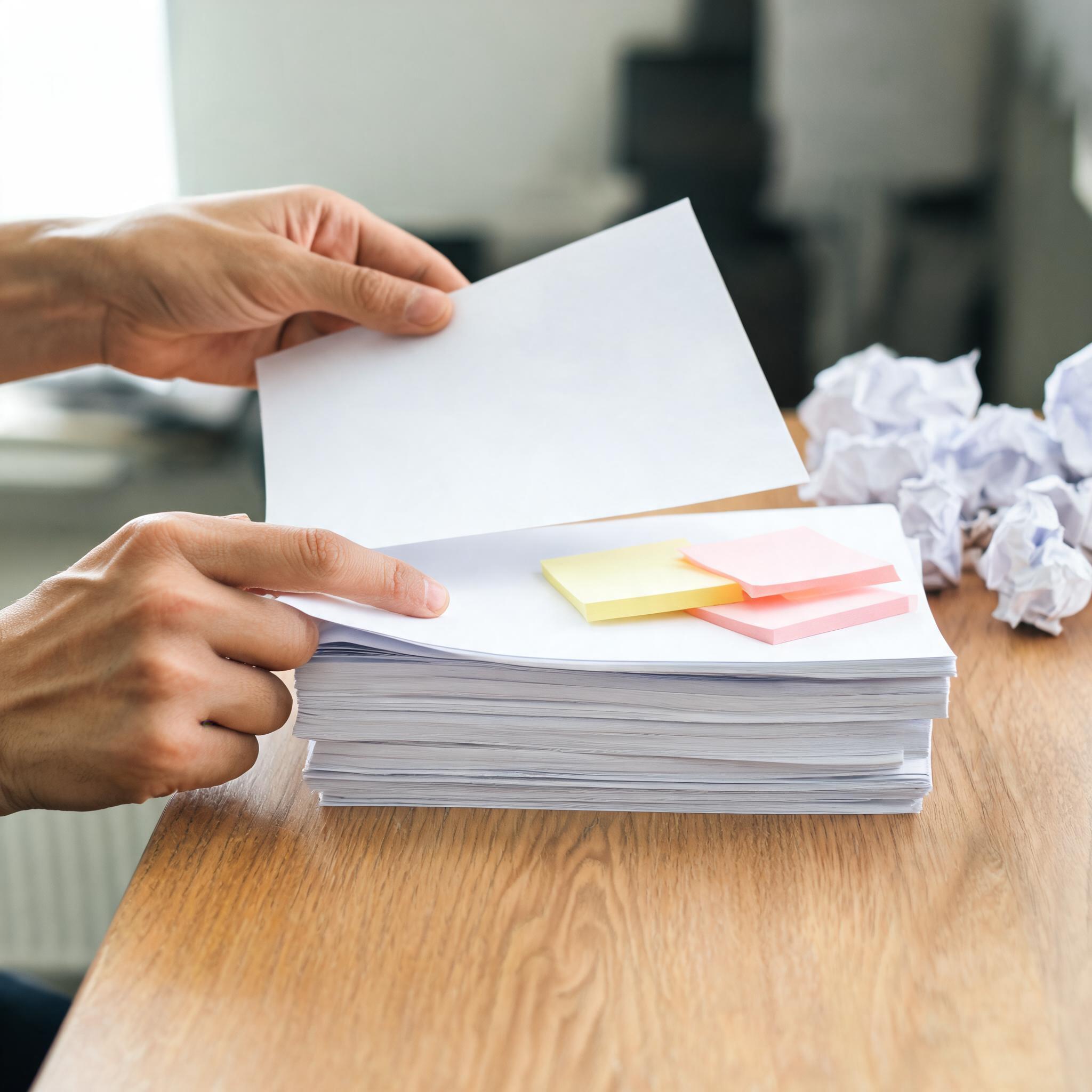 Hands sorting printed papers and sticky notes on a wooden desk, setting crumpled pages aside