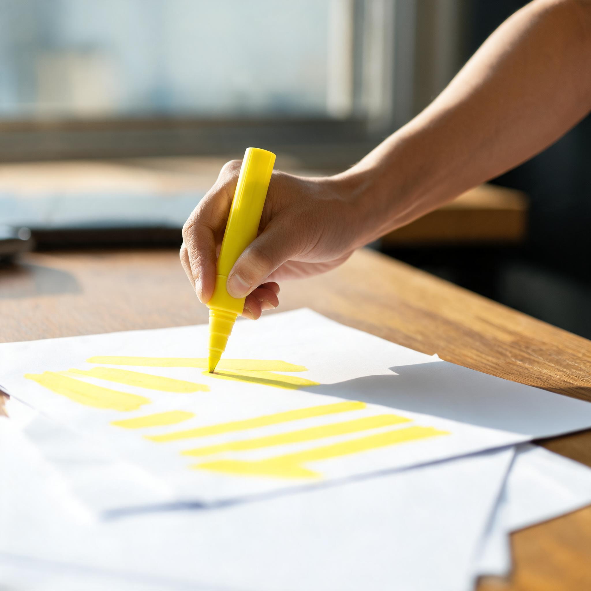 Hand highlighting statistics on a printed document with a highlighter on a wooden desk