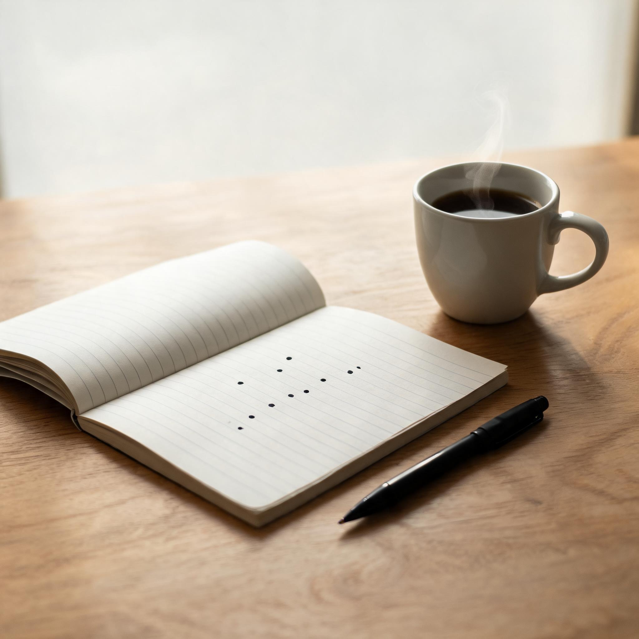 Open notebook with handwritten notes, a pen, and a coffee cup on a wooden desk