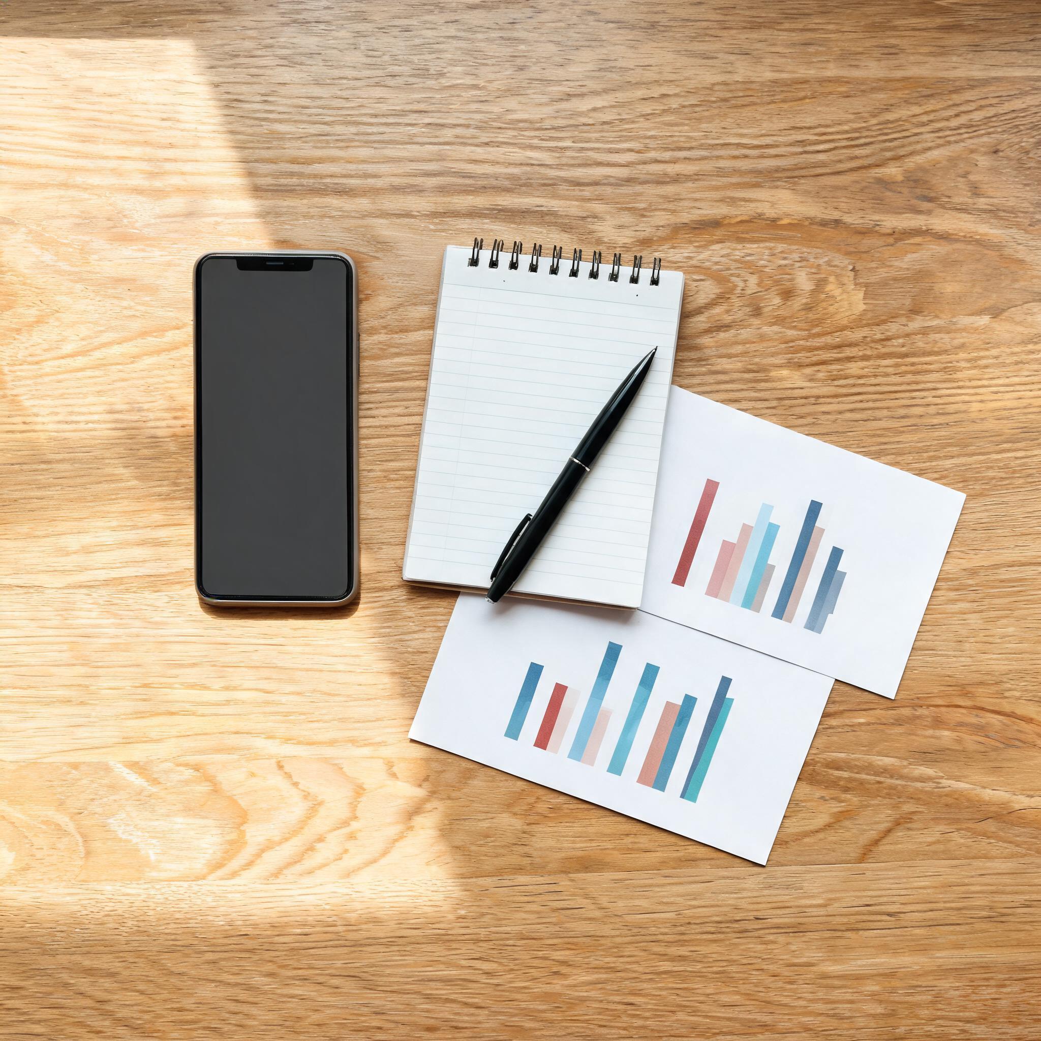 Overhead flat-lay of smartphone, notepad, pen and printed bar charts on a wooden desk