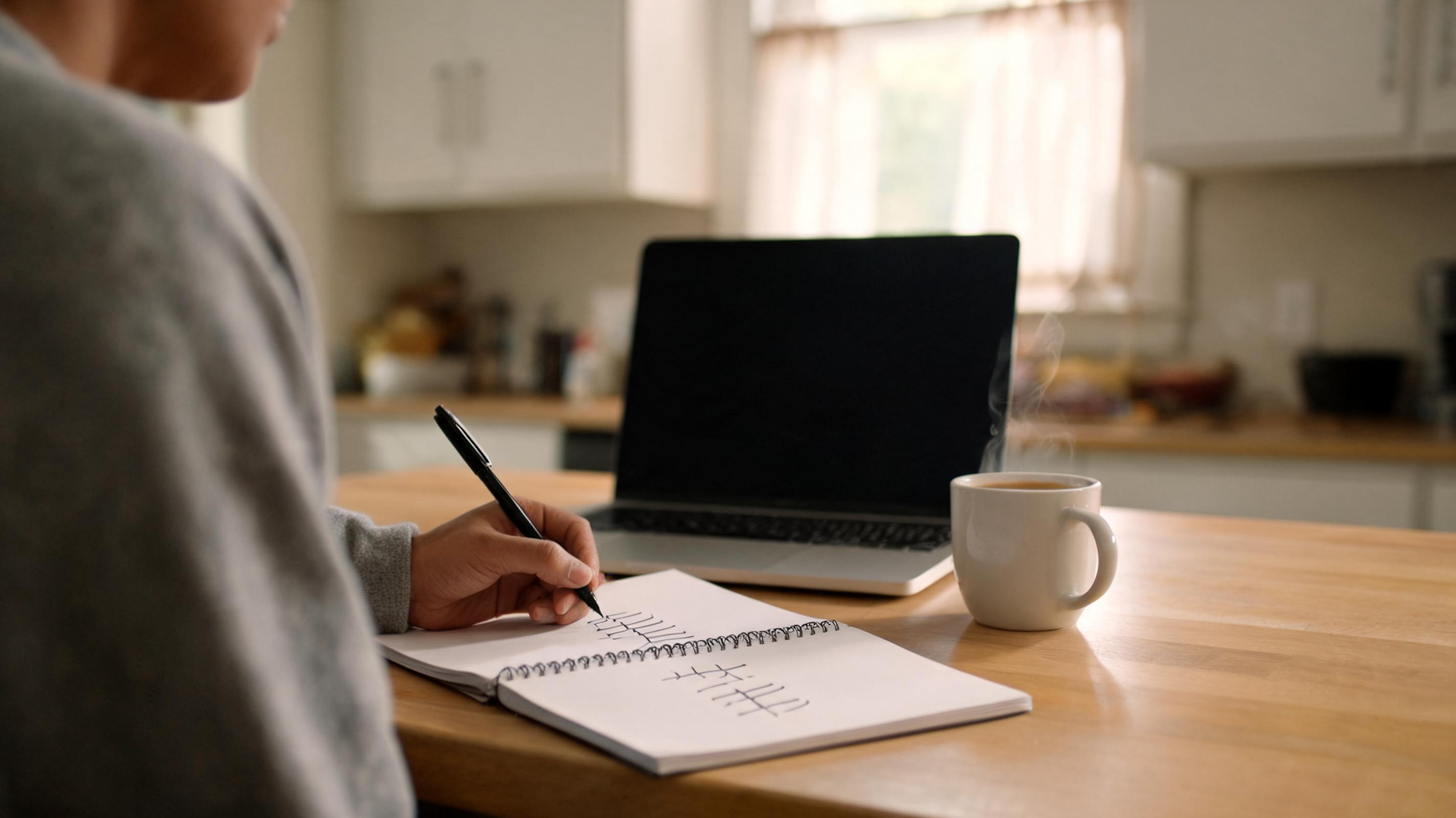 Hands writing a tally list in a notebook on a kitchen table next to a laptop and coffee cup