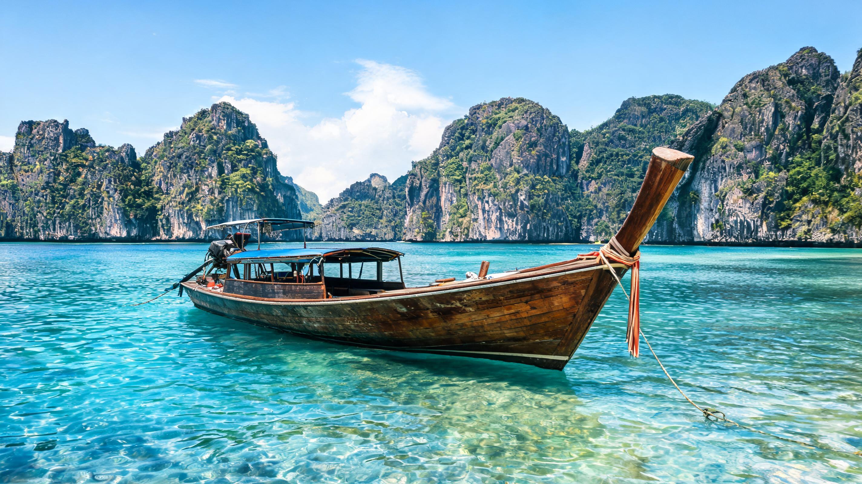Wooden longtail boat on turquoise sea beside tall limestone cliffs under clear blue sky