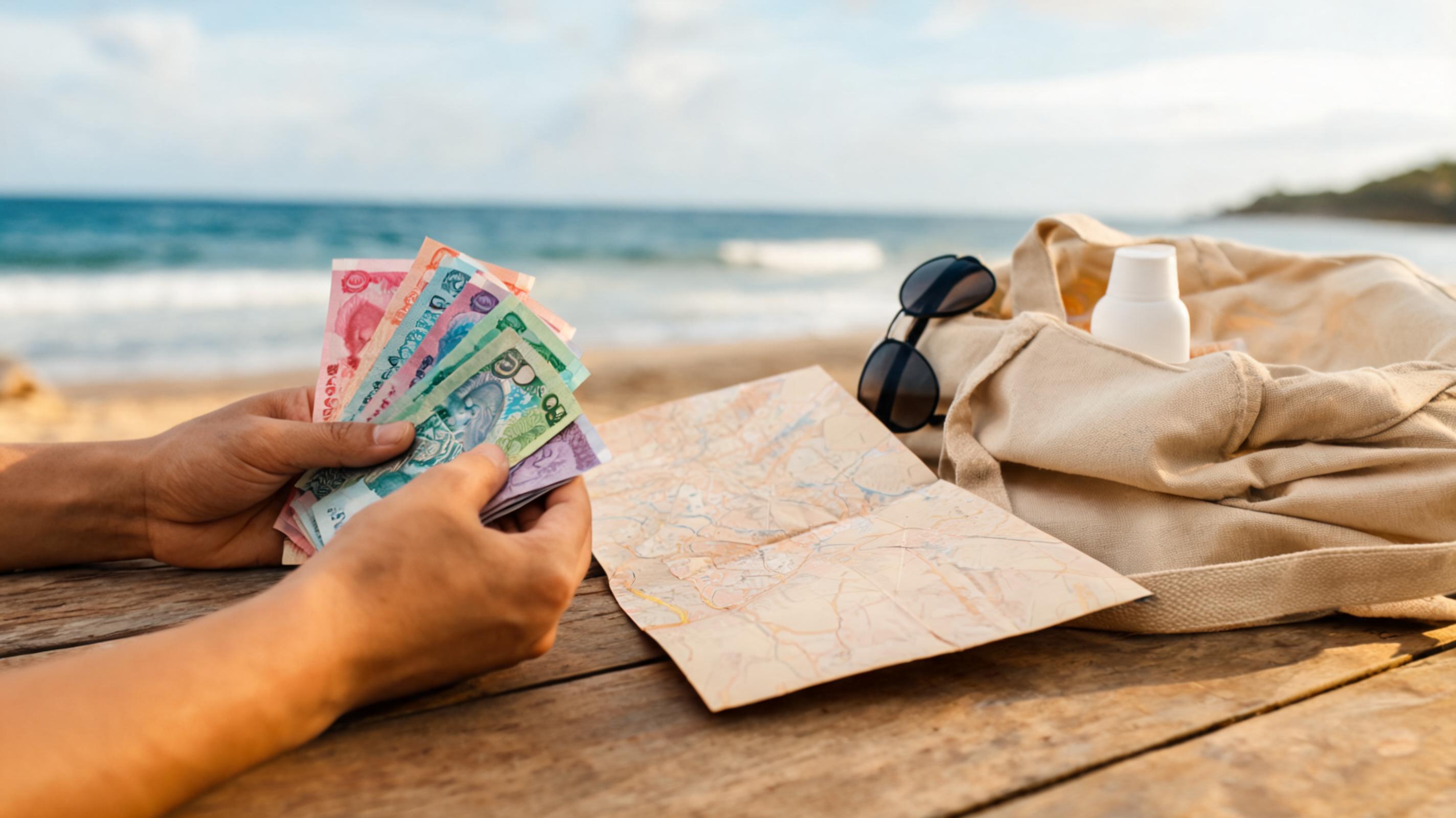 Hands counting Thai baht banknotes and coins beside a map, sunscreen and sunglasses on wood